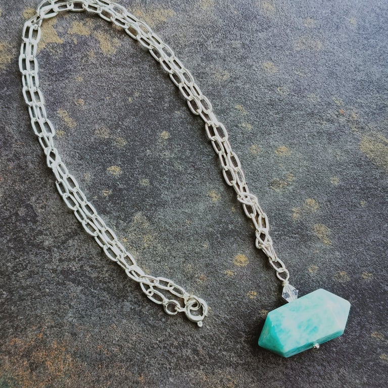 Sea Blue Amazonite Gemstone T-Bar Silver Chain Necklace