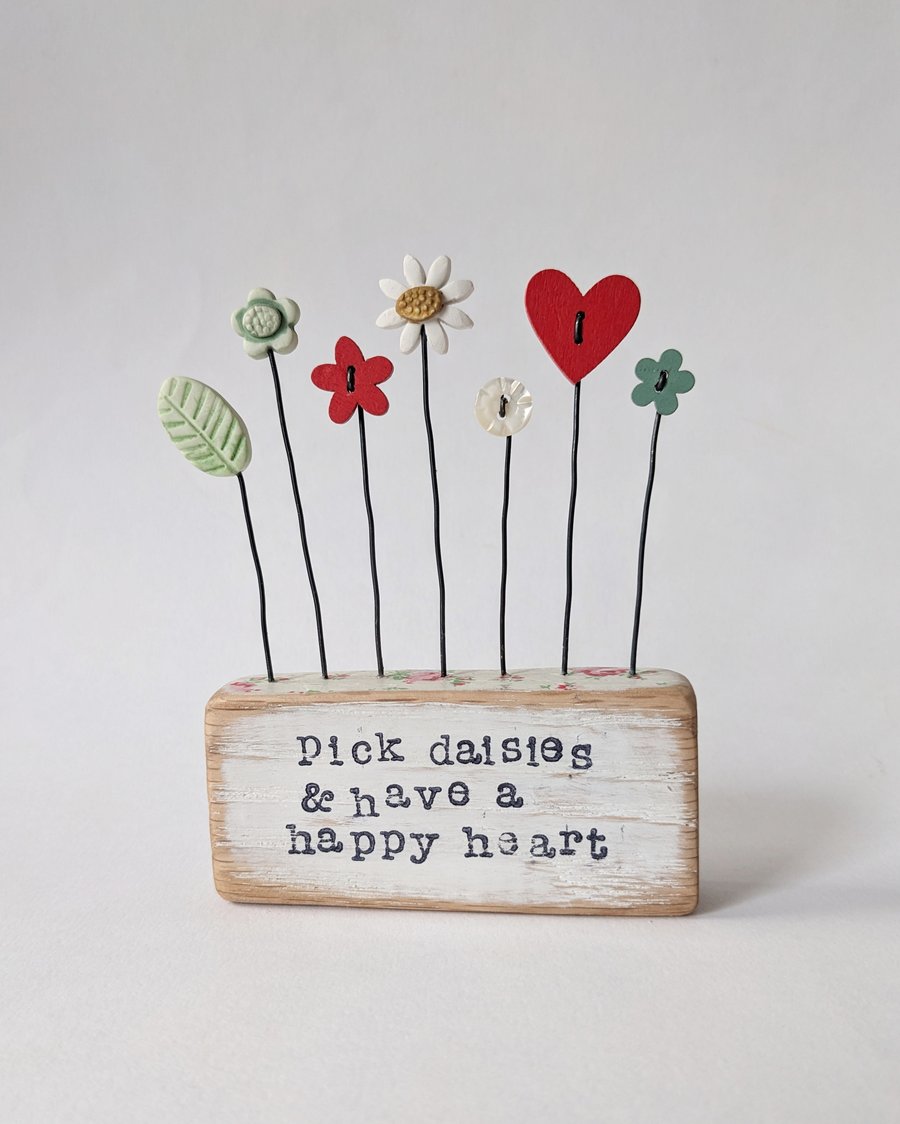 Clay and Button Flower Garden in a Wood Block 'pick daisies'