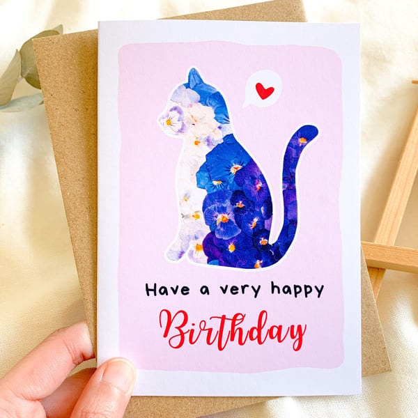 Cute Cat Birthday Card Pressed flower Cat Birthday Card Animal Birthday Card For