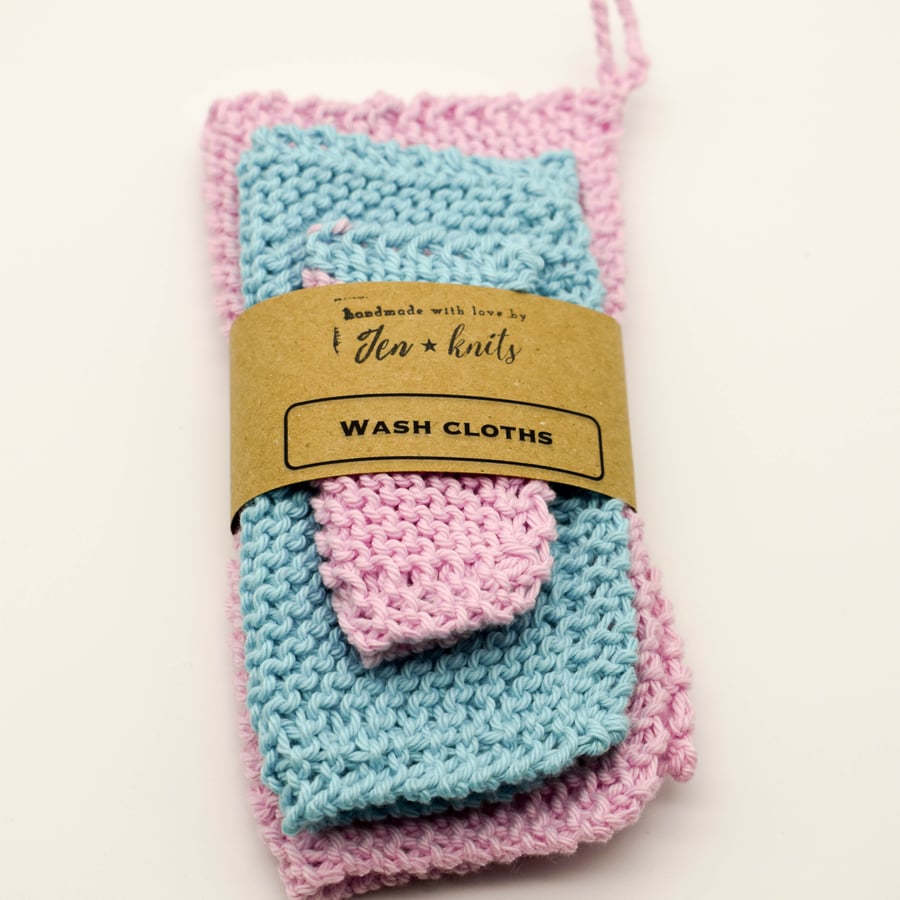 Hand knitted cotton wash cloths - 3 pack - S, M & L- Pink and blue