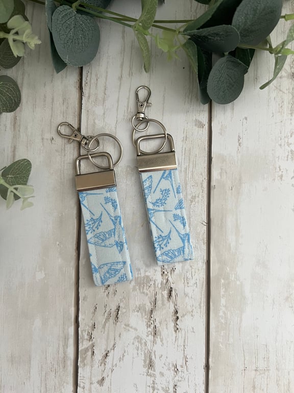 Key Fob Set in Pale Blue Swallow Fabric, Bag Strap, Key Ring