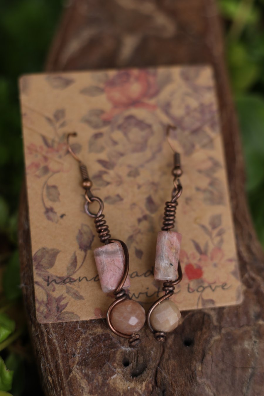 Copper Earrings with Rhodonite 