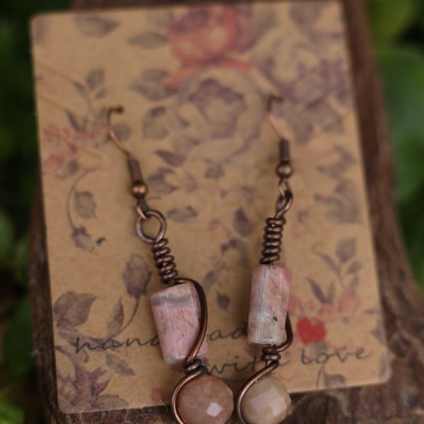 Copper Earrings with Rhodonite 