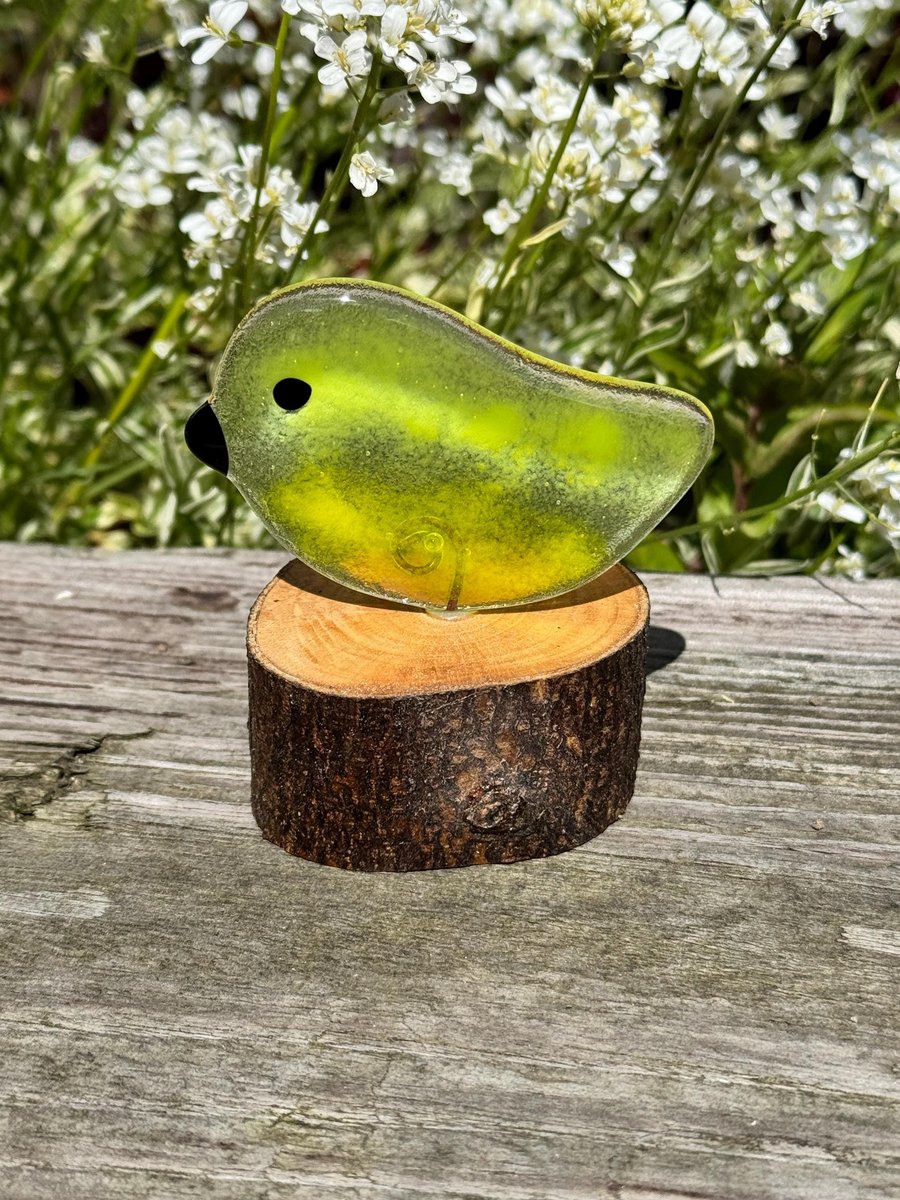 Fused Glass Bird on Wooden Log Handmade Glass Bird Sculpture Unique Nature-Inspi