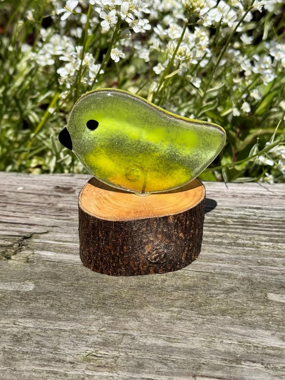 Fused Glass Bird on Wooden Log Handmade Glass Bird Sculpture Unique Nature-Inspi