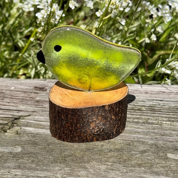 Fused Glass Bird on Wooden Log Handmade Glass Bird Sculpture Unique Nature-Inspi