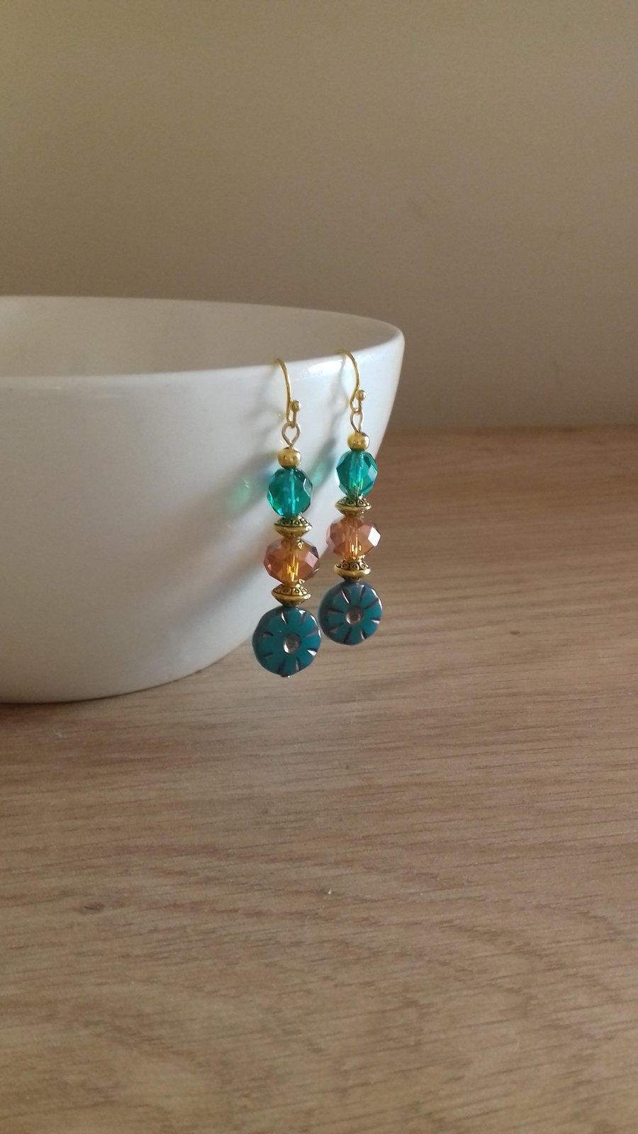 TEAL, COPPER AND GOLD FLOWER DESIGN EARRINGS.