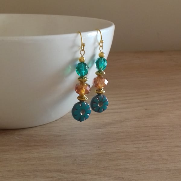 TEAL, COPPER AND GOLD FLOWER DESIGN EARRINGS.