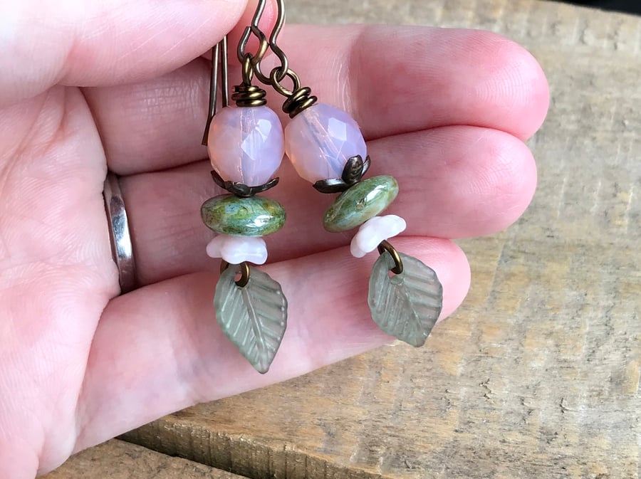Rustic Czech Glass Earrings. Lucite Leaf Earrings. Pink & Green Earrings