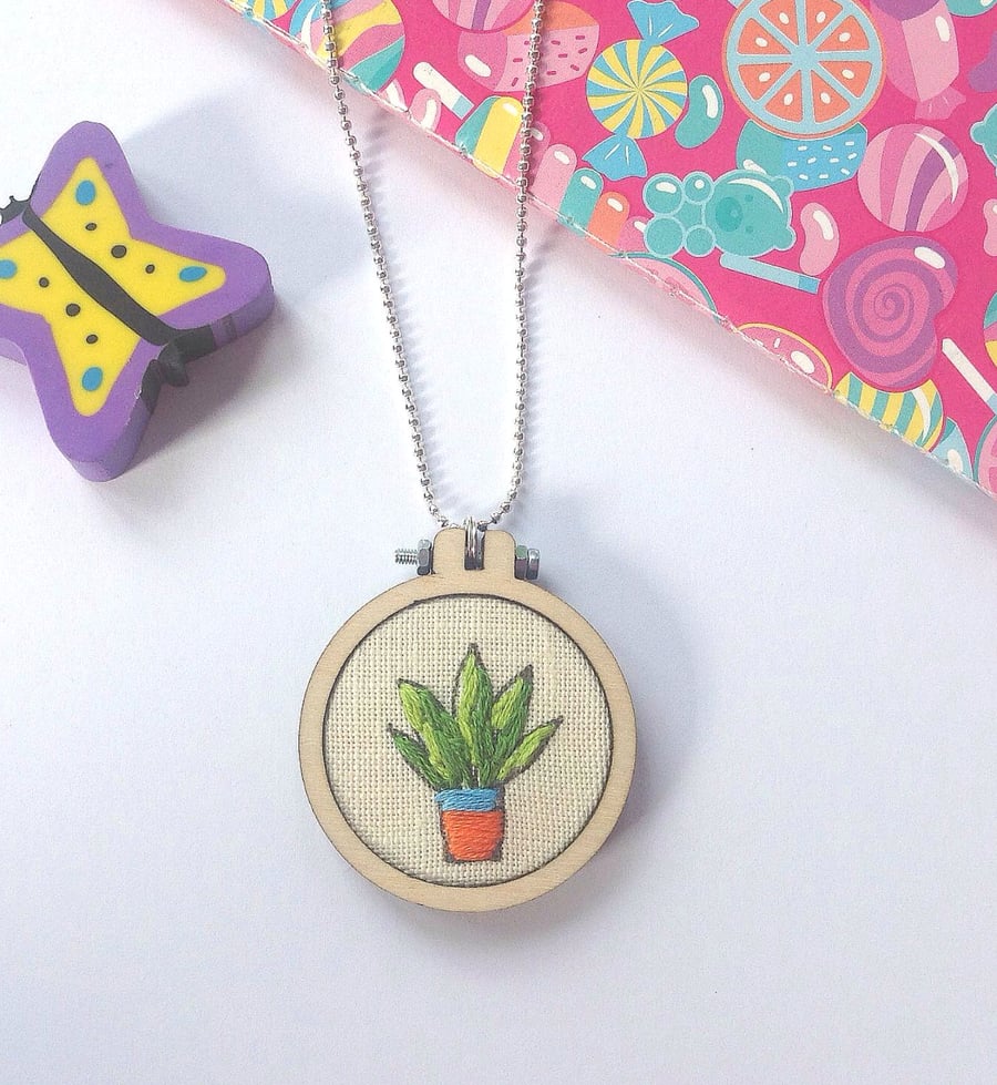 Hand Embroidered Succulent Plant Necklace