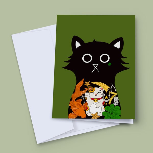 Lucky Cat Card, Good Luck Card, Exam Card, New Job Card