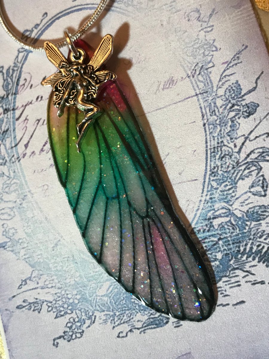 Pink and green sterling silver Faery fairy wing necklace