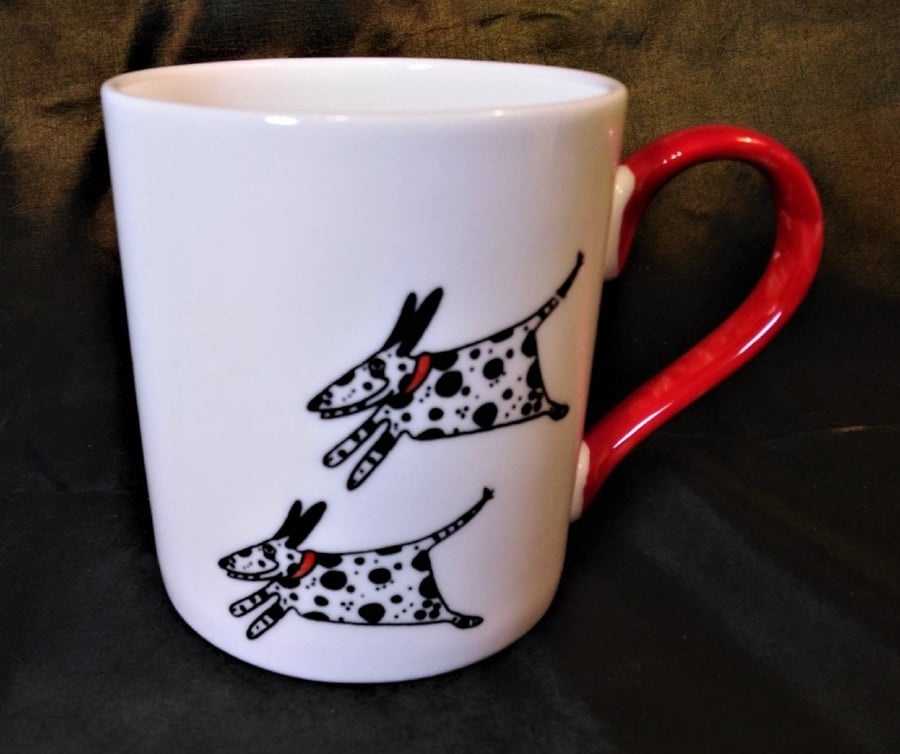 Fine china mug hand decorated with a happy Dalmatians.