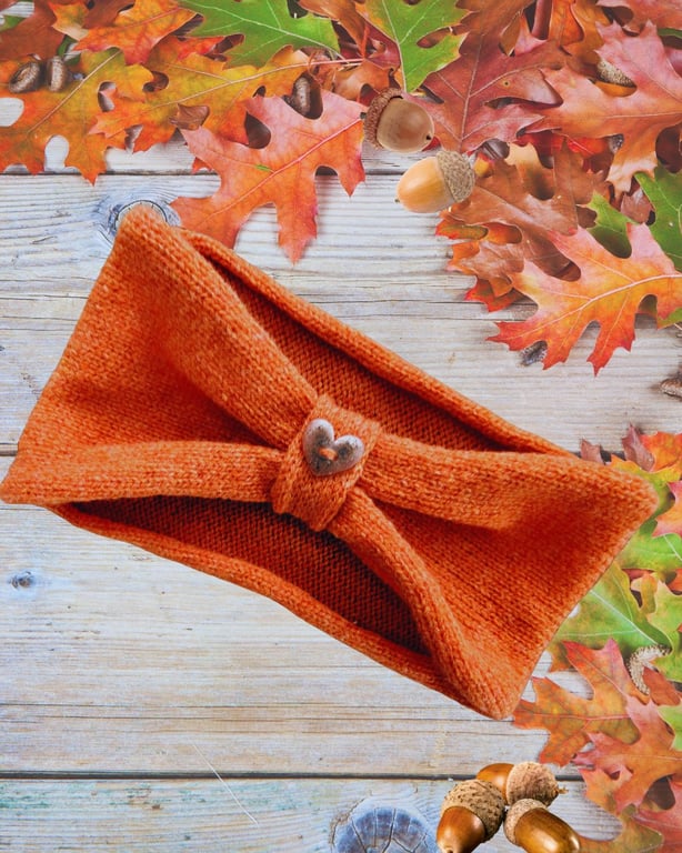 Burnt Orange Wool Knitted Headband with button. Women's ear warmers