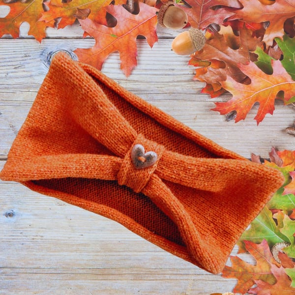 Burnt Orange Wool Knitted Headband with button. Women's ear warmers