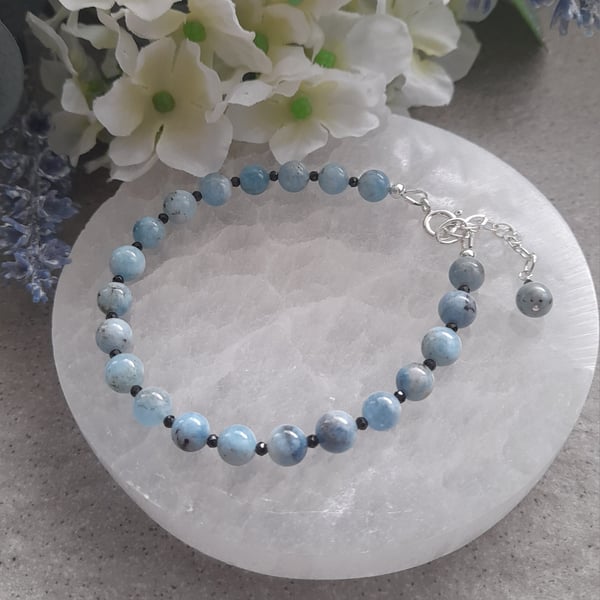 Natural Aquamarine and Black Spinel Sterling Silver Bracelet