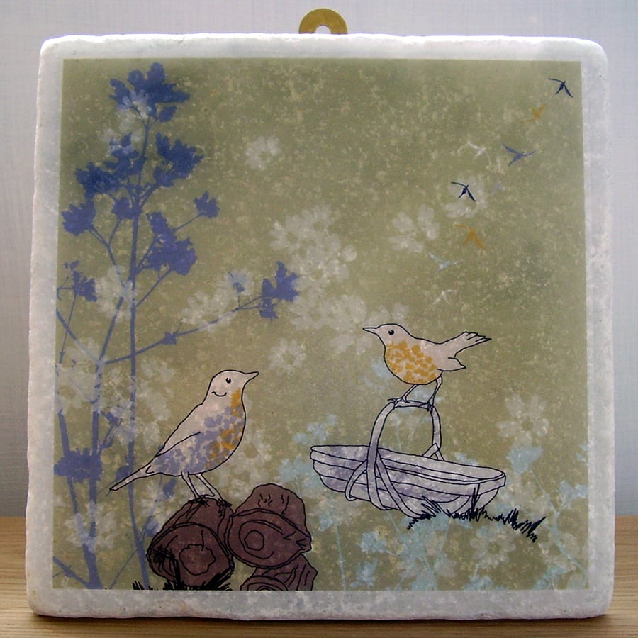  Large Songthrush and Trug marble Wall Art