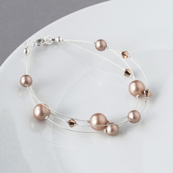 Rose Gold Floating Pearl Bracelet - Bridesmaid Jewellery - Champagne Wedding