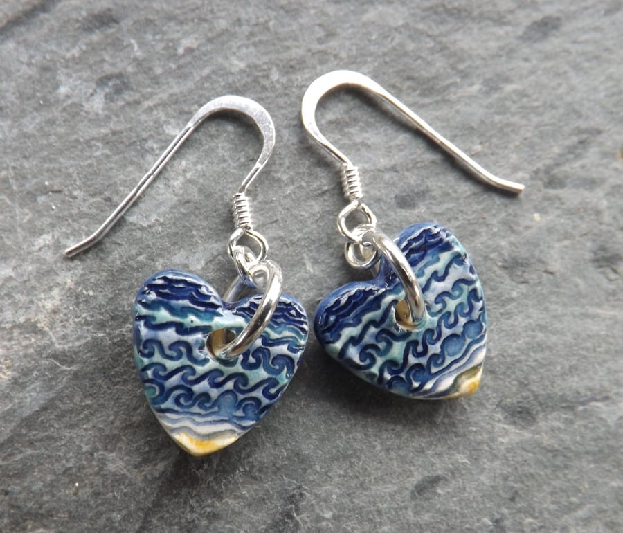 Handmade ceramic and sterling silver heart shaped Waves drop earrings