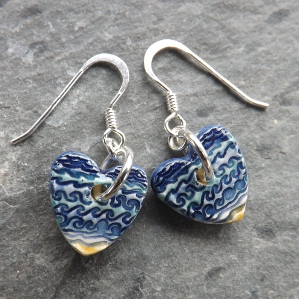 Handmade ceramic and sterling silver heart shaped Waves drop earrings