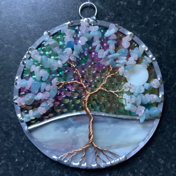 Rose quartz and aquamarine tree of life suncatcher