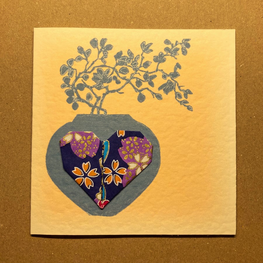 Romantic greetings Card, handmade Origami heart & original print. OOAK