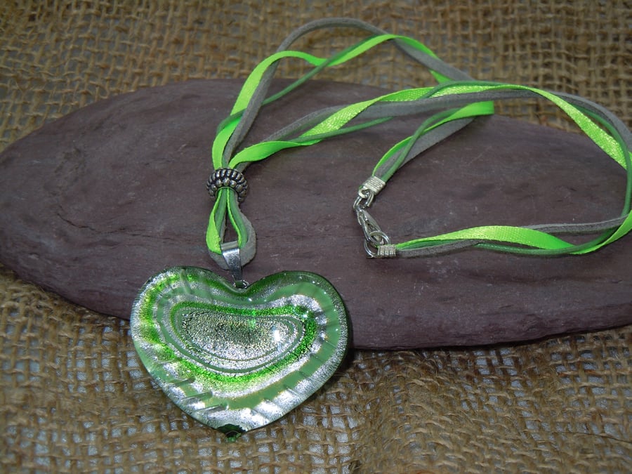 Murano style foil glass heart pendant necklace with faux leather cords & ribbon
