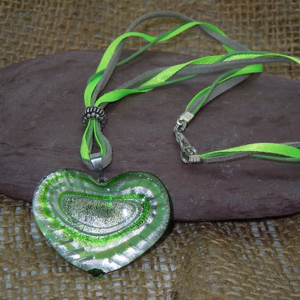 Murano style foil glass heart pendant necklace with faux leather cords & ribbon