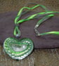 Murano style foil glass heart pendant necklace with faux leather cords & ribbon - Image 1