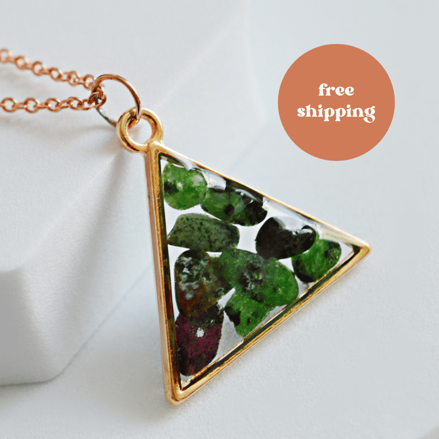 Ruby Zoisite Rose Gold plated Triangle Worry Stone Necklace - Free Postage