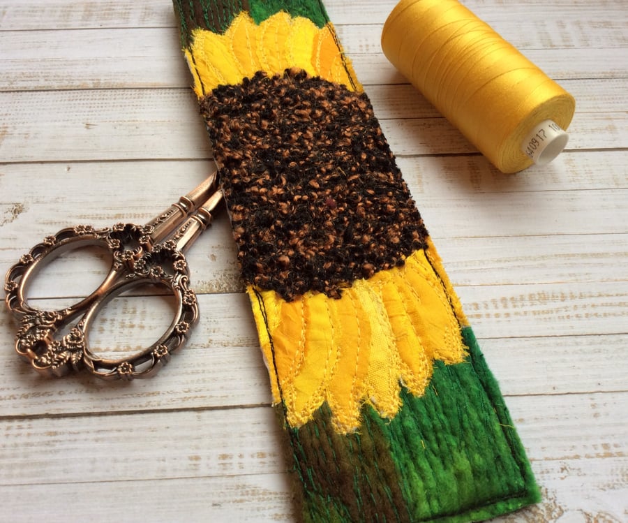 Embroidered up-cycled sunflower bookmark. 