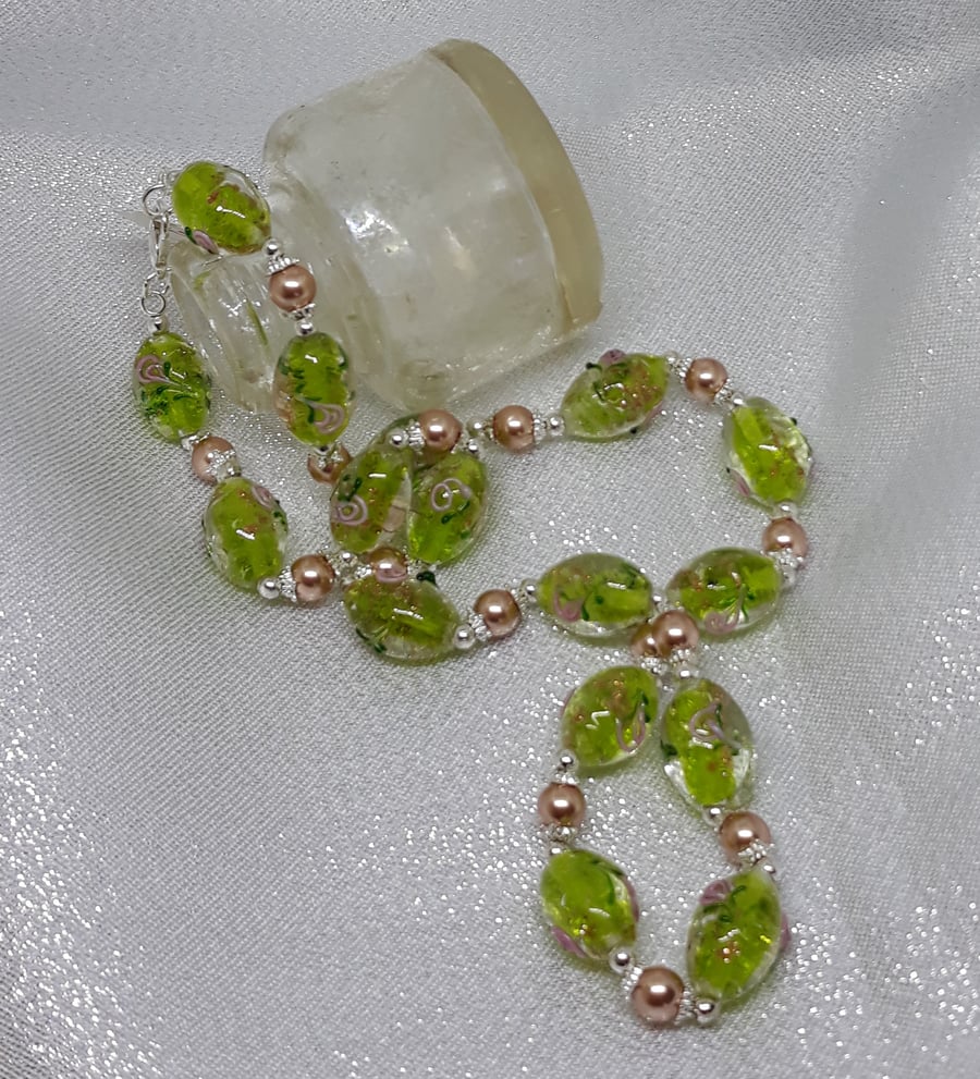 NL277 Lampwork beaded 18" necklace with Swarovski pearls.