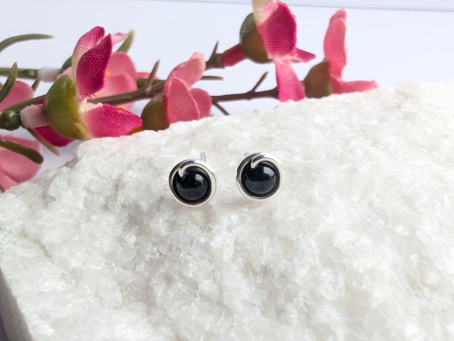 BLACK TOURMALINE Stud Earrings Sterling Silver Gold Filled October Birthstone