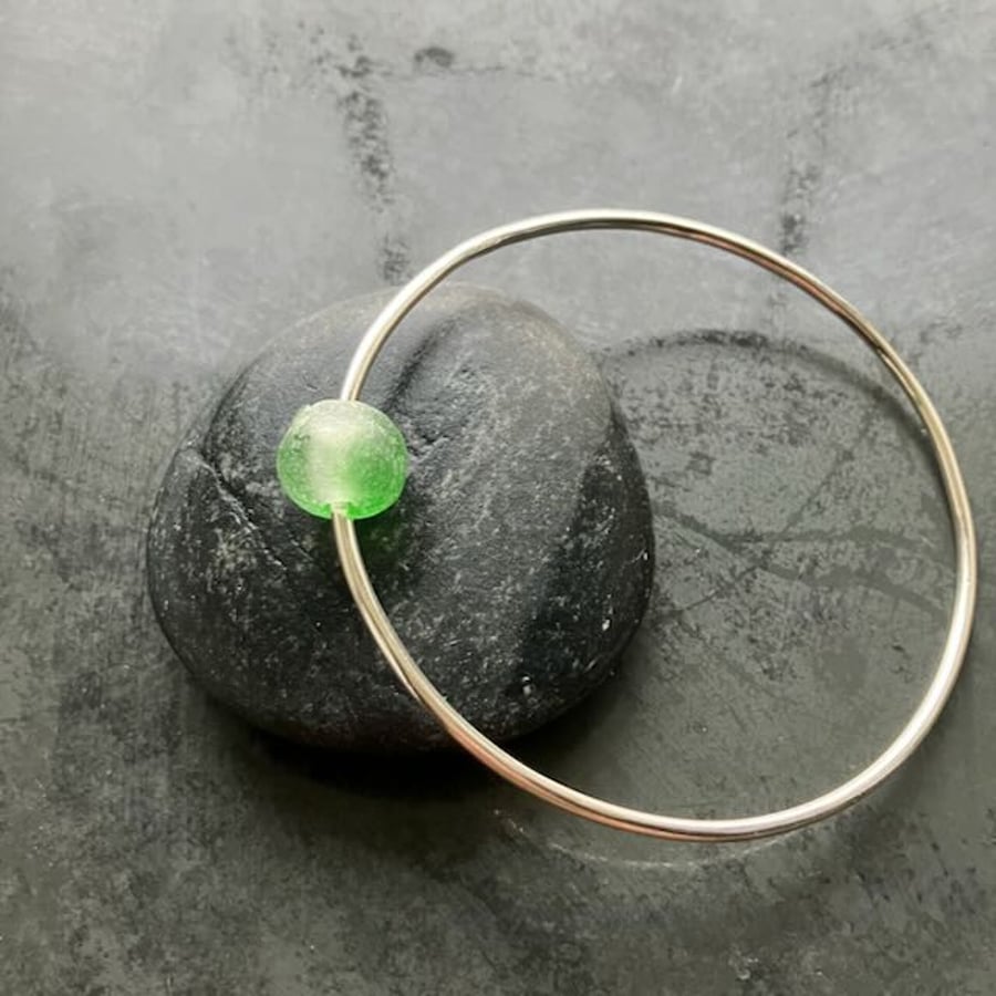 Sterling Silver Bangle with Green Glass Bead