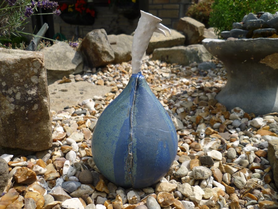 Bespoke Ceramic pod, sculpture, garden ornament, stoneware, pottery blue