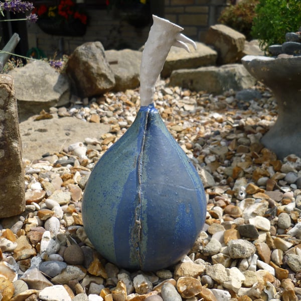 Bespoke Ceramic pod, sculpture, garden ornament, stoneware, pottery blue