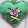 Soft Green Felt Heart with Hand Embroidered Bouquet of Flowers