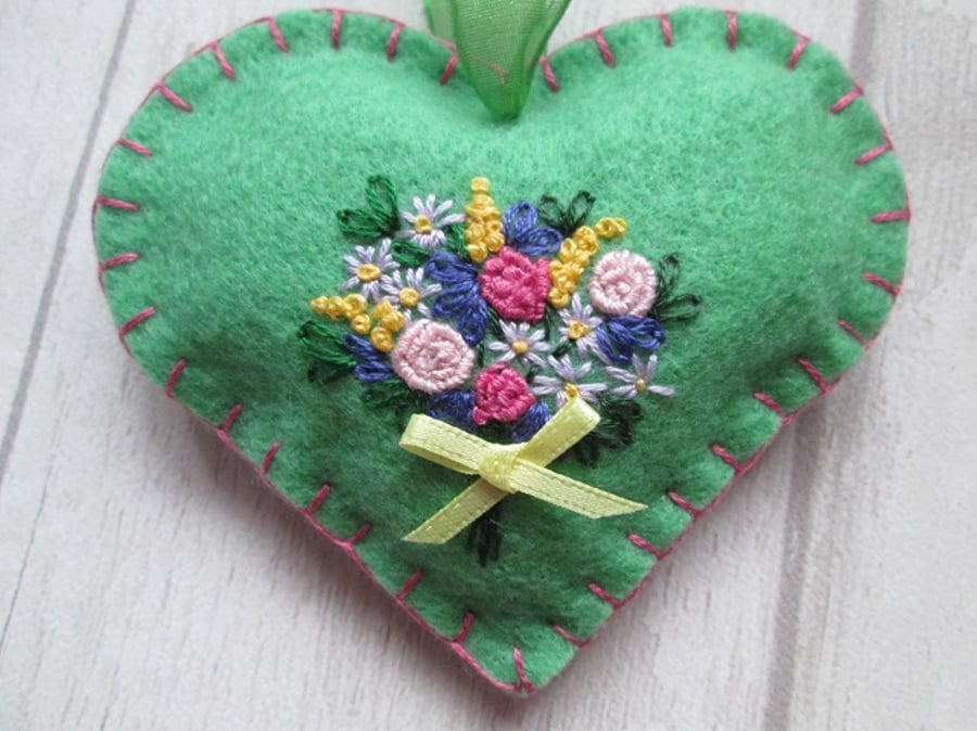 SOLD - Soft Green Felt Heart with Hand Embroidered Bouquet of Flowers