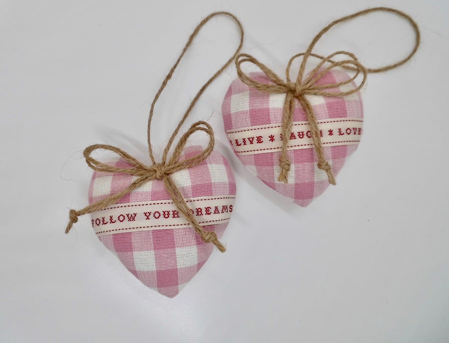 Pair heart shaped decorations Laura Ashley pink check with words small size