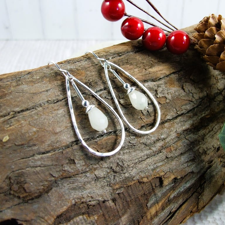 Earrings, Sterling Silver Teardrop and Cream Agate Droppers