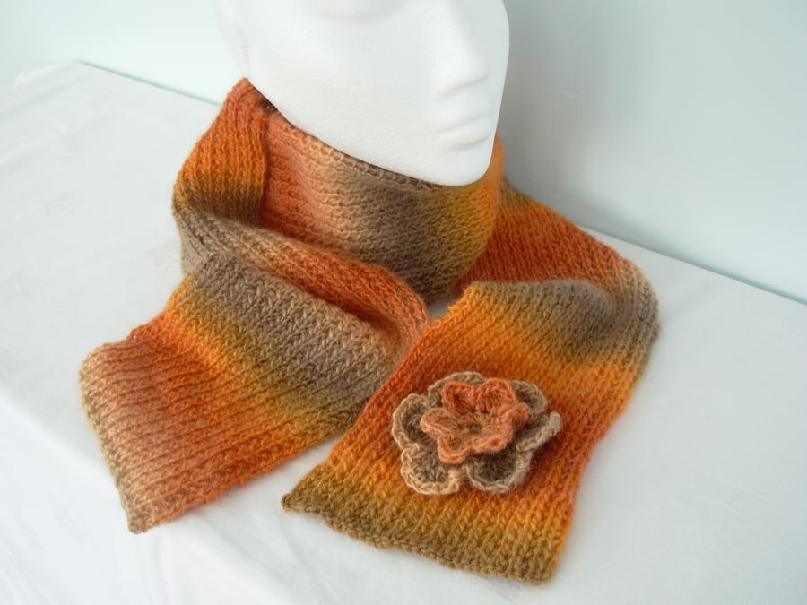 Knitted Scarf with crochet flower Autumn colours - Folksy