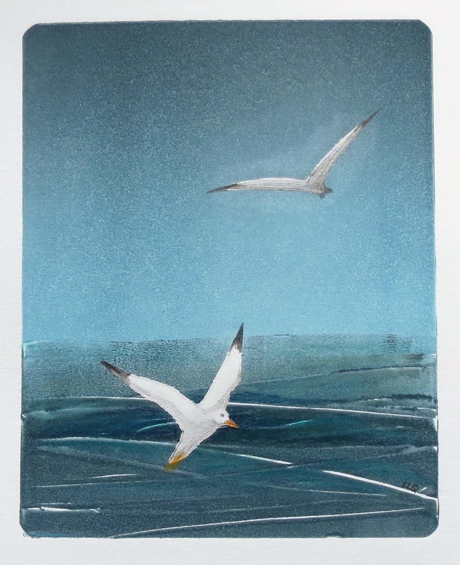 Monoprint gulls fishing in the ocean twilight nightfall sea original OOAK print 