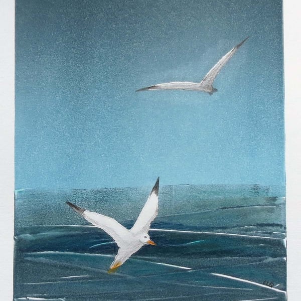 Monoprint gulls fishing in the ocean twilight nightfall sea original OOAK print 