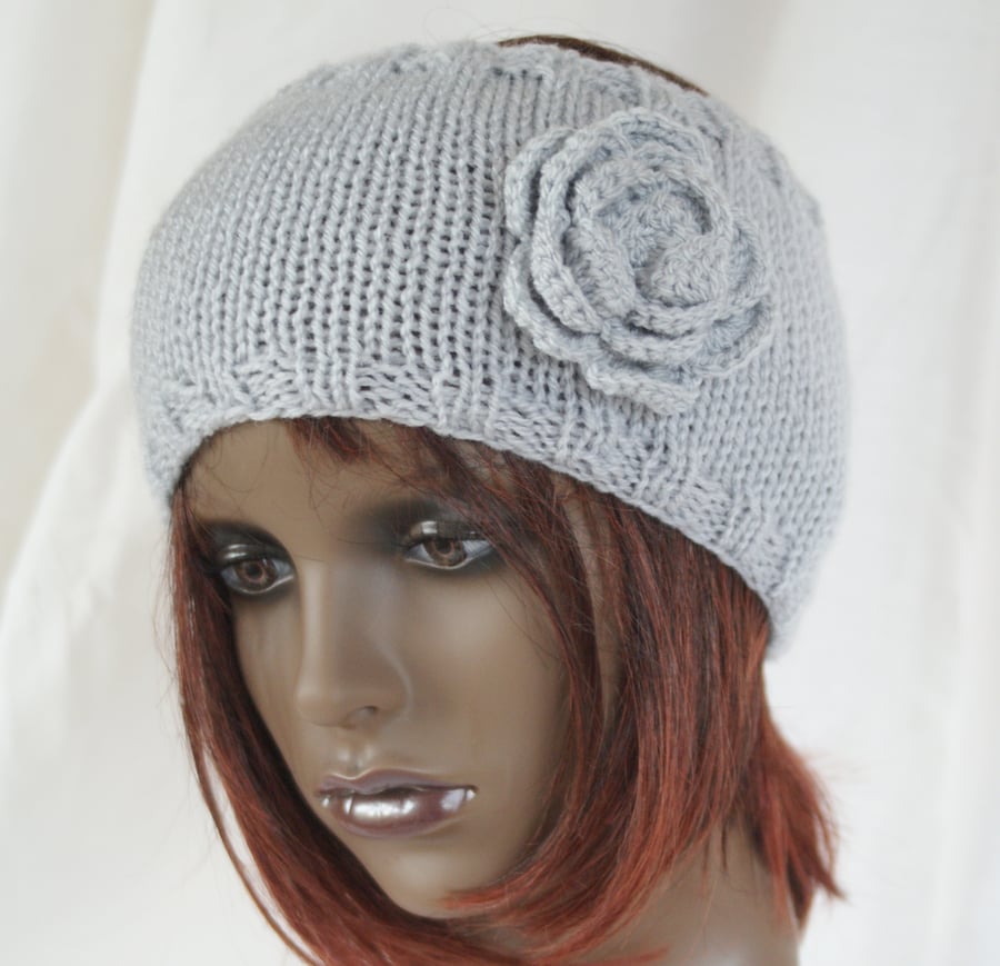 Grey Knitted Wide Flower Earwarmer Headband