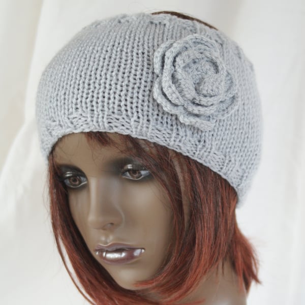 Grey Knitted Wide Flower Earwarmer Headband