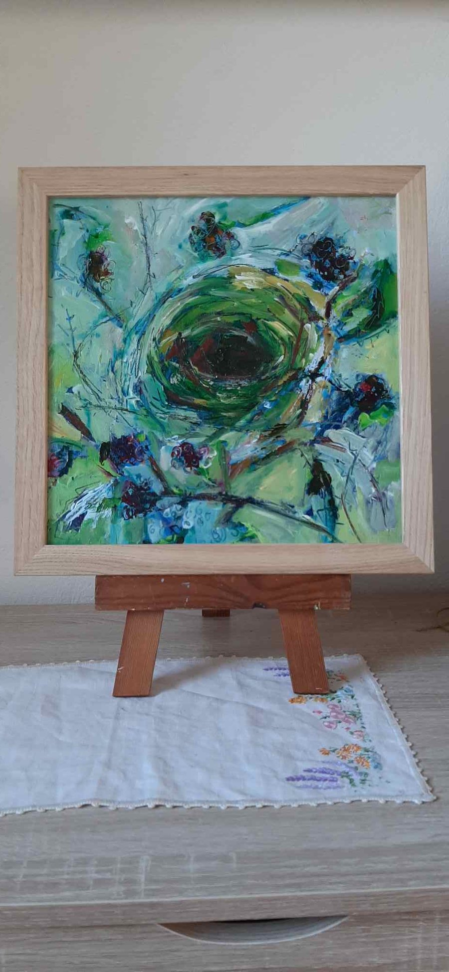 Abstract painting .empty nest with brambles