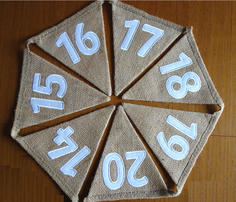 Numbers Bunting Hessian Fabric Embroidered - 0-10; 1-10; 0-20;1-20; 0-50; 1-50 