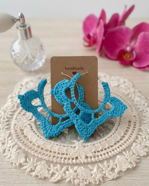 Crochet Hoop Turquoise Silver Earrings Festival 