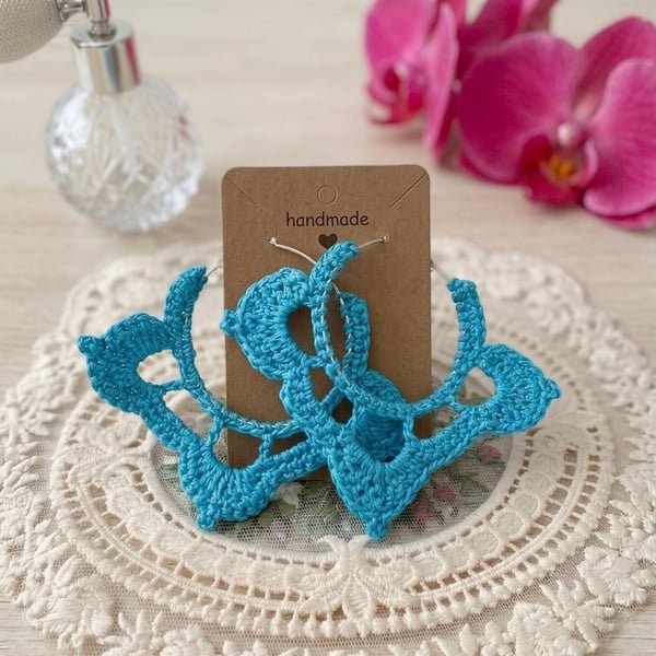 Crochet Hoop Turquoise Silver Earrings Festival 