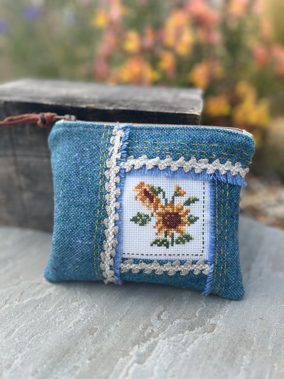 Sunflower cross stitch wool zip pouch